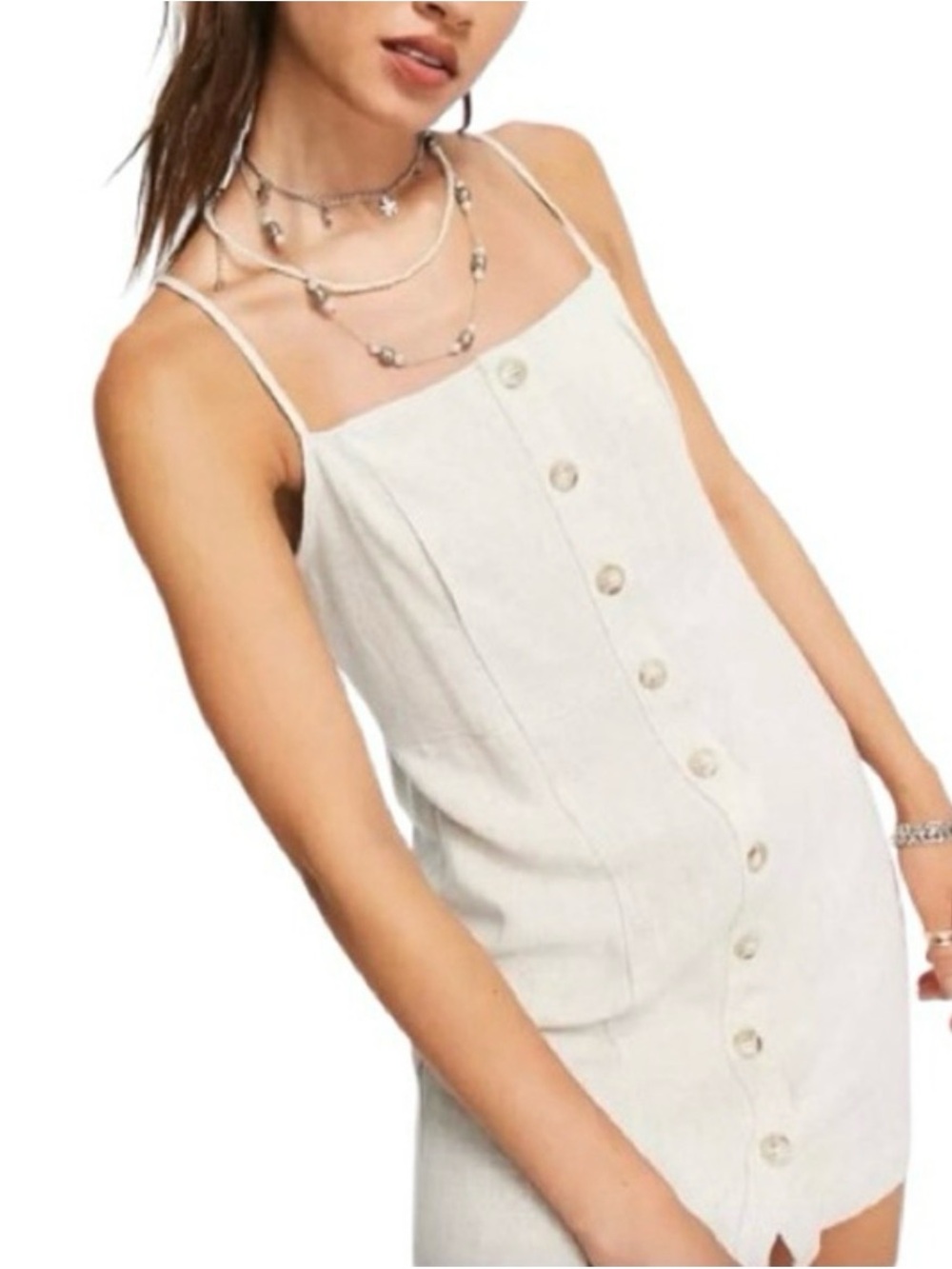 Topshop Linen Blend Button Front Mini Dress Sand Beige Spaghetti Strap US 10 NWT
